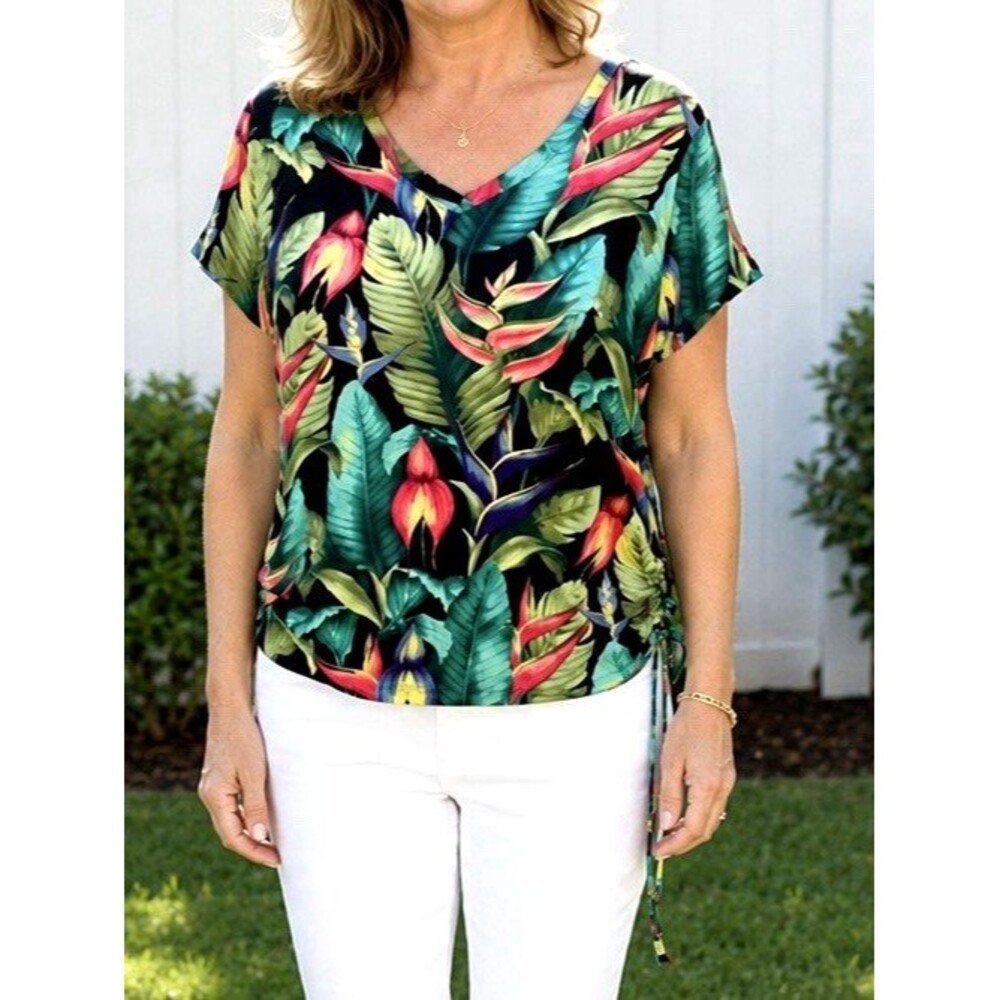 Caribbean Joe Womens Shirt  V-Neck Floral Tropical Colorful Stretch Beachy-Sz XL